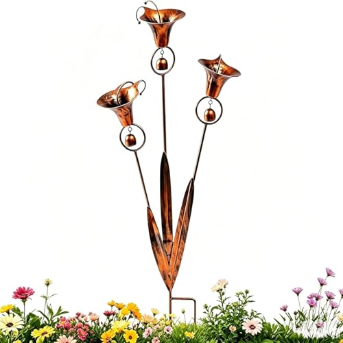 Flamed Copper Calla Lily Garden Stake with Bells Rain Catcher Flower Handmade Outdoor Wind Bell Stake for lawns Rustic Metal Calla Lily Stake for Outdoor Gardens and Patios