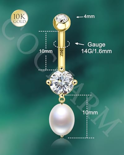 COCHARM 14K Yellow Gold Belly Button Rings Dangling Freshwater Pearl Real Gold Belly Navel Rings 14K Gold Belly Navel Piercing Jewelry Dangly3