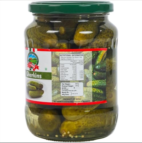 Image of CANEEN Gherkins 680g in Glass Jar | Crunchy, Tangy Pickles | Perfect for Snacks & Sandwiches | pack of 1