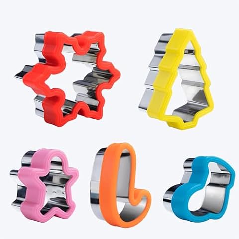 Grlifbaw 5 PCS Christmas Cookie Cutters Set, Christmas Biscuit Cutter with Comfort Grip (PP)- Christmas Tree, Gingerbread Man, Snowflake, Candy Cane, Stocking for Backing, Stainless Steel Xmas Cutter Cover