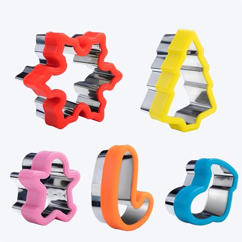 Grlifbaw 5 PCS Christmas Cookie Cutters Set, Christmas Biscuit Cutter with Comfort Grip (PP)- Christmas Tree, Gingerbread Man, Snowflake, Candy Cane, Stocking for Backing, Stainless Steel Xmas Cutter