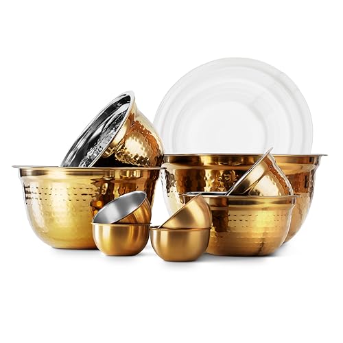 COOK WITH COLOR 18 Piece Mixing Bowls Set with Airtight Lids, Handcrafted Stainless Steel Bowls, Food Storage Containers, Meal Prep, Nesting Salad Bowls For Cooking, Baking, Kitchen, Gold- Hammered