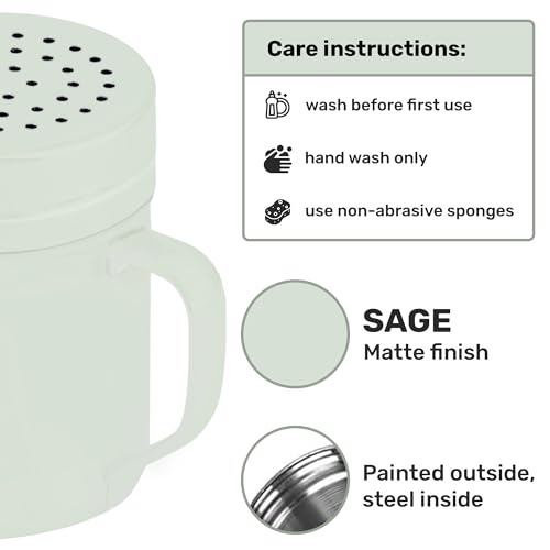 Image of CUSINIUM 10oz Sage Stainless Steel Salt Pepper Dredge Shakers - With Plastic Cap - With Handle - Pack of 2