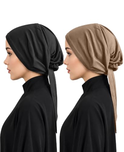 Image of Mehar Women's Hair Ponytail Cap Set of 2 | Soft Stretchable Polyester Hijab Inner Cap | Adjustable Tie-Back | Scarf & Helmet Inner | One Size Fits All