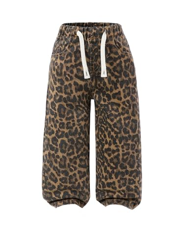 Verdusa Girl's Leopard Print Wide Leg Jeans Drawstring High Waisted Denim Pants Baggy Trousers