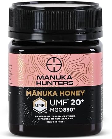 Manuka Hunters UMF 20+/MGO 830+ Certified New Zealand Manuka Honey - 100% Pure Natural Sweetener - Gluten, Dairy Free - Ideal for Tea, Coffee, Smoothies, and Baking - Sustainable - 8.8oz/250g Jar