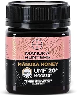 Manuka Hunters UMF 20+/MGO 830+ Certified New Zealand Manuka Honey - 100% Pure Natural Sweetener - Gluten, Dairy Free - Ideal for Tea, Coffee, Smoothies, and Baking - Sustainable - 8.8oz/250g Jar