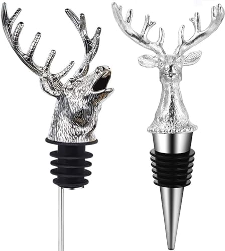 Reindeer Pourer and Deer Head Wine Corks, Bar and Household Wine Corks, Animal Wine Pourer (Silver)