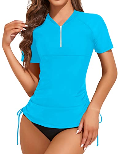 Holipick 2 Piece Rash Guard For Women Short Sleeve Swim Shirt With Bottom Built In Bra Zipper Bathing Suit Upf50 Swimsuit Light Blue #TOP1