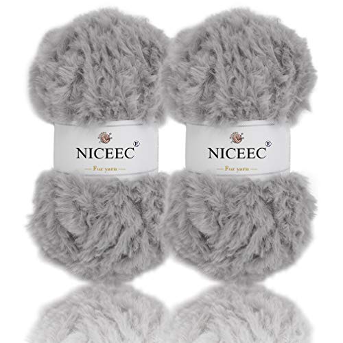 Image of NICEEC 2 Skeins Faux Fur Yarn Super Soft, Chunky & Fluffy, Eyelash Yarn for Crochet & Knitting (Total Length 70yds,3.53oz) - Grey
