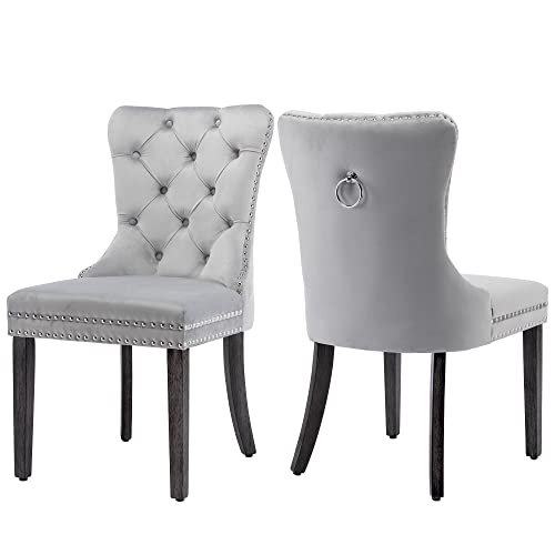 Goolon Velvet Dining Chair Set Of 2 Wingback Tufted Chairs Upholstered Dining Chairs With Nailhead Rivet Trim Design Pull Ring On Backrest Wood Legs For Kitchen Dining Room Gray #TOP3