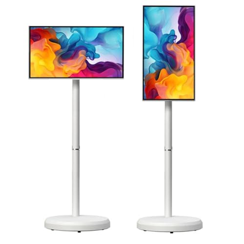 Hydravex Monitor Touchscreen Intelligente da 21,5 Pollici, Supporto TV Portatile 1080p su Ruote, Android 14, Batteria Integrata da 6000 mAh, Monitor Girevole e Girevole White-4+64G