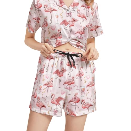 Image of Silk Satin Pajama Set for Women Summer Lounge Pjs Sets 2 Piece Suit Ladies Button Down Tops And Shorts Sleepwear