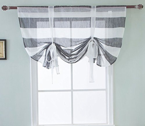 Zebrasmile Lifable Semi Sheer Window Curtain Cute Bowknot Tie Up Roman Curtain Rod Pocket Semi Sheer Kitchen Stripe Pattern Balloon Curtain For Kithchen/Bedroom Window Curtain, 46 X 63 Inch, Gray #TOP19