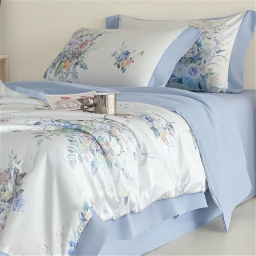 Surwin Satin Tagesdecke Bettüberwurf, Glatt wie Seide, Gesteppt Steppdecke mit Blaue Blumenmuster für Doppelbett Einzelbett Leicht Weich Kunstseide Kühlende Sommerdecke (Stil B,150x200cm)