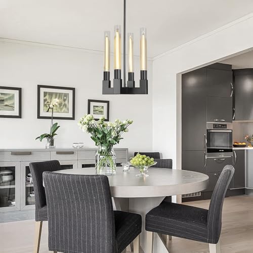 Glass Tube Black Pendant Lights Kitchen Island,4-Light Modern Farmhouse Pendant Light,Black Copper Kitchen Pendant Lighting Over Island,Indoor Chandeliers for Dining Room,Bedroom,Entryway