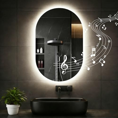Dibaful Specchio da Bagno Rotondo 50x75cm con Illuminazione e Musica Bluetooth 3 Colori Dimmerabile per Bagno Hotel con Luce