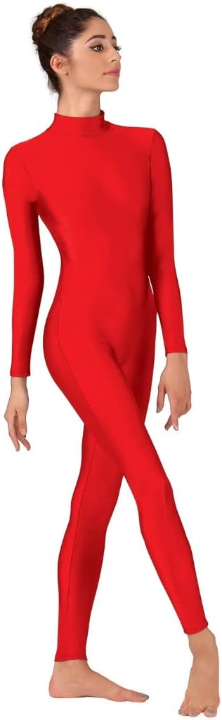 Bciopll Women Red Unitard Long Sleeve Mock Neck Ballet Bodysuit Spandex One Piece Turtleneck Dance Wear Men Zentai Costumes
