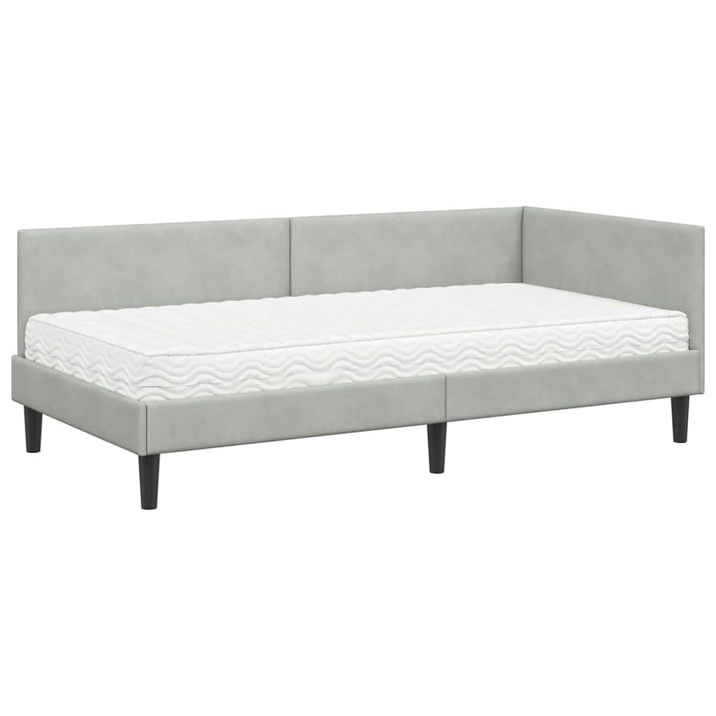 Jasnoszara aksamitna rama łóżka narożnego z materacem, 204 x 104 x 72 cm, oddychająca, trwała, montowany na ścianie, nowoczesny design do sypialni, w zestawie materac o średniej twardości