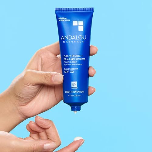 Andalou Naturals Deep Hydration Face Sunscreen - Daily Shade + Blue Light Defense SPF 30 with Zinc Oxide - Lightweight, Non-Greasy, Non-comedogenic, Fragrance-Free - 2.7 fl oz