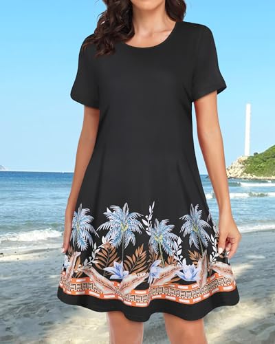 Image of Womens Summer Dresses Beach Casual Loose Tshirt Floral Short Sleeve Flowy Pockets Sundresses 2026