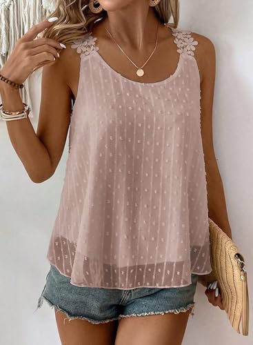 Spaghetti Strap Tank Top Sleeveless Pink Swiss Dot Blouse for Women Flowy Lace Bohemian Peplum Womens Shirts Vacation Boat Neck Fall Business Womens Blouses Loose L4