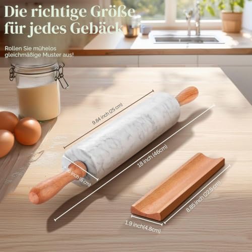 Flexzion Teigroller aus weißem Marmor, 25,4 cm, mit Holzgriff und Halter-Basisständer, Marmor-Nudelholz zum Backen von Gebäck, Pizzateig… – Ansicht 6