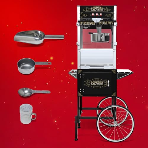 Image of 20 Oz Popcorn Machine with Cart: This popcorn machine on wheels combines an antique-style design with modern features. The cart includes bicycle-style wheels and a cabinet -Black