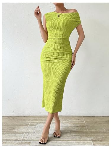 Image of SOLY HUX Women's Off Shoulder Short Sleeve Ruched Bodycon Dress Pencil Midi Dresses Solid Green Large