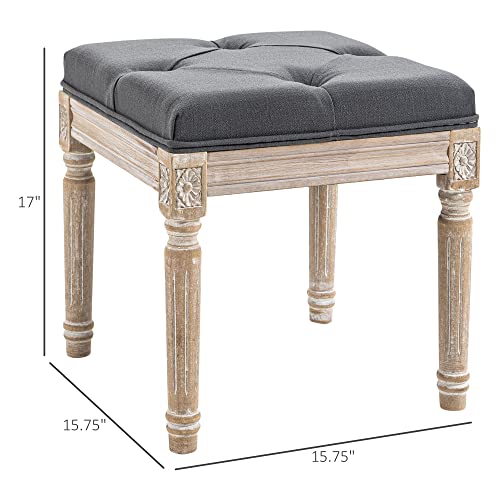 Homcom 15.75" Vintage Ottoman, Tufted Foot Stool With Upholstered Seat, Rustic Wood Legs For Bedroom, Living Room, Grey #TOP2
