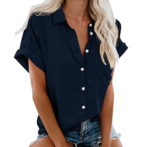 Camiseta de manga corta con botón de bolsillo Casual Popular Blusas, marine, S