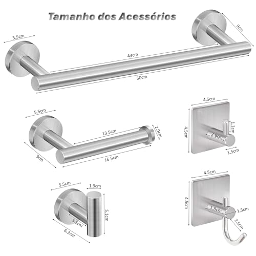 Conjunto Kit 5 Acessorios de Banheiro Algarve de Inox Porta Toalha Corpo Rosto Papel Higienico Paraf