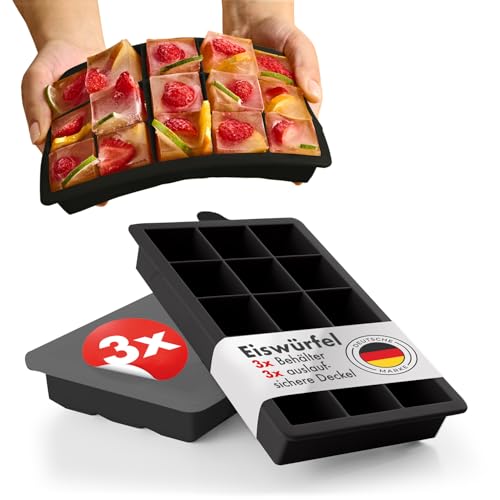 Blumtal Eiswürfelformen Silikon 3er Set - 15er Eiswürfelform mit Deckel - BPA-freie Silikon Eiswürfelform - Ice Cube Tra...