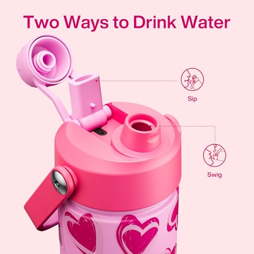 Image of ENCOOL Insulated Water Bottle with Straw Stainless Steel Water Bottle, Leak-Proof, BPA-Free, Keeps Cold for 24 Hours for Sports, Travel, School (26 oz, Sketch Hearts Pink x Pink)