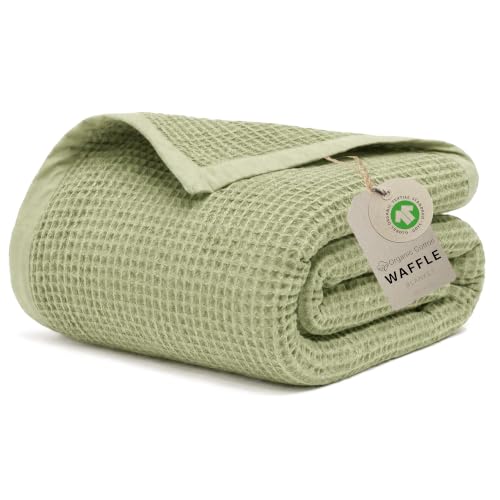 Image of GOTS Certified 55 inchX60 inch Throw 100% Organic Cotton Waffle Blanket- Green | Premium Waffle Blankets & Throws for Bed, Throw Blanket for Couch, Modern & Cozy Blanket, All Season, Comfy and Soft Blankets