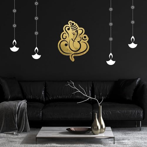 Image of Inephos - Golden Acrylic Mirror Finish Ganesh Ji Wall- Ideal for Living Room, Pooja Room and More (9 Inches x 9 Inches)
