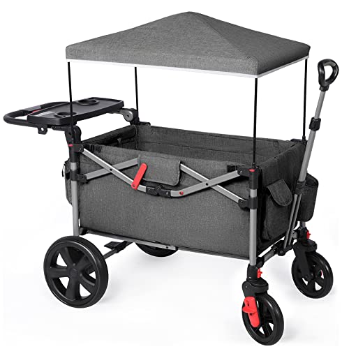 Ever Advanced Foldable Wagons For Two Kids & Cargo, Collapsible Folding Wagon Stroller With Adjustable Handle Bar,Removable Canopy With 5-Point Harness,Black #TOP17
