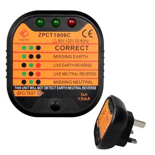 Socket Tester UK 220-250V Circuit Polarity Voltage Detector with LCD Display RCD GFCI Function Portable Automatic Mains Outlet Wiring Leakage Current Tester for Fault Detection Power Polarity Testing