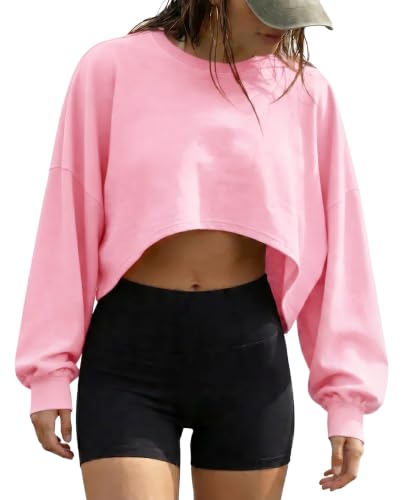 Fisoew Womens Casual Cropped Tops Long Sleeve Drop Shoulder Loose Fit Lightweight Crop Workout T Shirts Pink