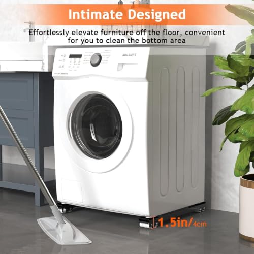 Image of Adjustable Washing Machine Stand with Wheels | Movable Fridge Stand for 7kg 8kg 9kg, Single Double Door, Top /Front Load Washer, Fridge & Dishwasher, 360 Rotating Wheels, Anti-Vibration Pads, Black