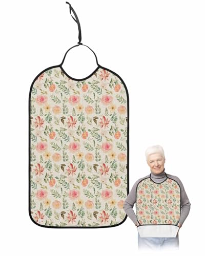 LEOKOTI Elegant Spring Floral Adult Bibs for Eating, Waterproof Bibs with Food Catcher & Adjustable Snap Closure, Watercolor Botanical Summer Washable Clothing Protectors Adult Bibs for Elderly