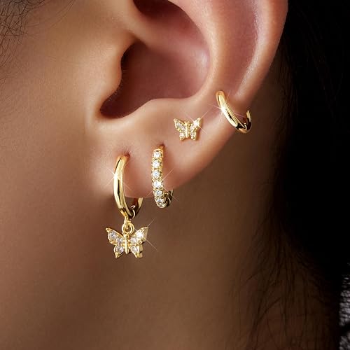 Image of Small Gold Huggie Hoop Earrings Set for Women Men Hypoallergenic 14K Plated Stack Cartilage Earrings, Sterling Silver Multiple Piercing Lightweight Mini Thin Cute Dainty Trendy Jewelry Gifts for Women