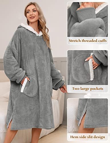 Vancavoo Hoodie Blanket for Women Oversized Ladies Pullover Blanket Double Pockets Lamb Fleece Lazy Blanket Sherpa Sweatshirt Unisex Robes Long Sleeves Giant Warm Jumper for Winter