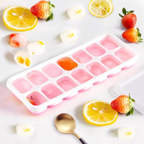 Ice Cube Trays,14-Grid Silicone Ice Maker Mold with Lid, Easy-Release Ice Cube Tray for Freezer Bar Party Home Kitchen, Pink