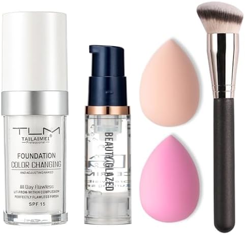 5PCS TLM Colour Changing Foundation Makeup Set Matte Liquid Full Coverage Oil Control Breathable Invisible Cover Concealer Foundation with Face Primer, Foundation Brush, Makeup Sponge