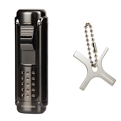 CIGARISM Black 4 Torch Red Jet Flame Cigar Lighter W/Cigar Punch Adjuster