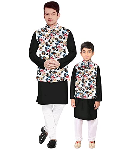 Image of Os Men's & boy kurta pyjama set with nerhu jackets (Multi printed) in cotton (baap beta|father son|)