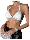 SHENHE Women's Sexy Sequin Halter Backless Rhinestone Fringe Glitter Party Club Crop Top White Small