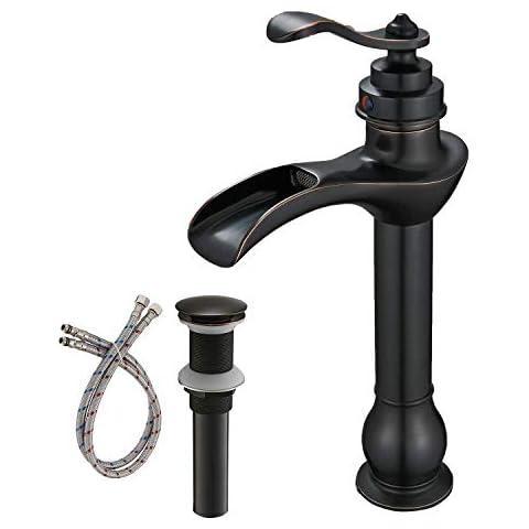 Bathadore Bathroom Vessel Sink Faucet Farmhouse Tall Body Oil Rubbed Bronze Waterfall Single Handle One Hole Mixer Tap with Pop Up Drain Without Overflow Cover