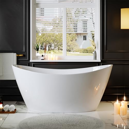 Empava Freestanding Bathtub, Acrylic Soaking Tub with Brushed Nickel Drain & Overflow – Modern Standalone Shower Tub, Non-Slip Flat Bottom Design, Glossy White, 59 Inch,cUPC Certified